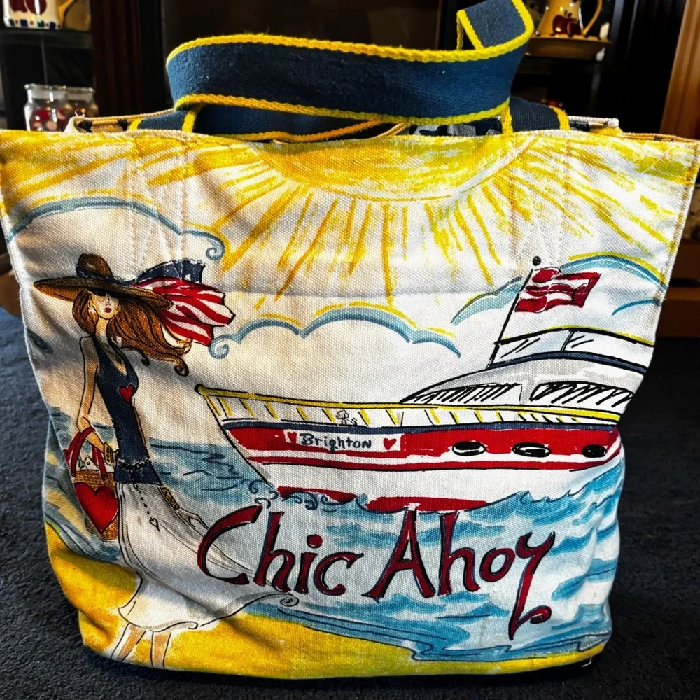 Brighton Canvas Tote Bag Chic Ahoy Nautical Theme Bag Shoulder Hand Painted - Picture 3 of 16